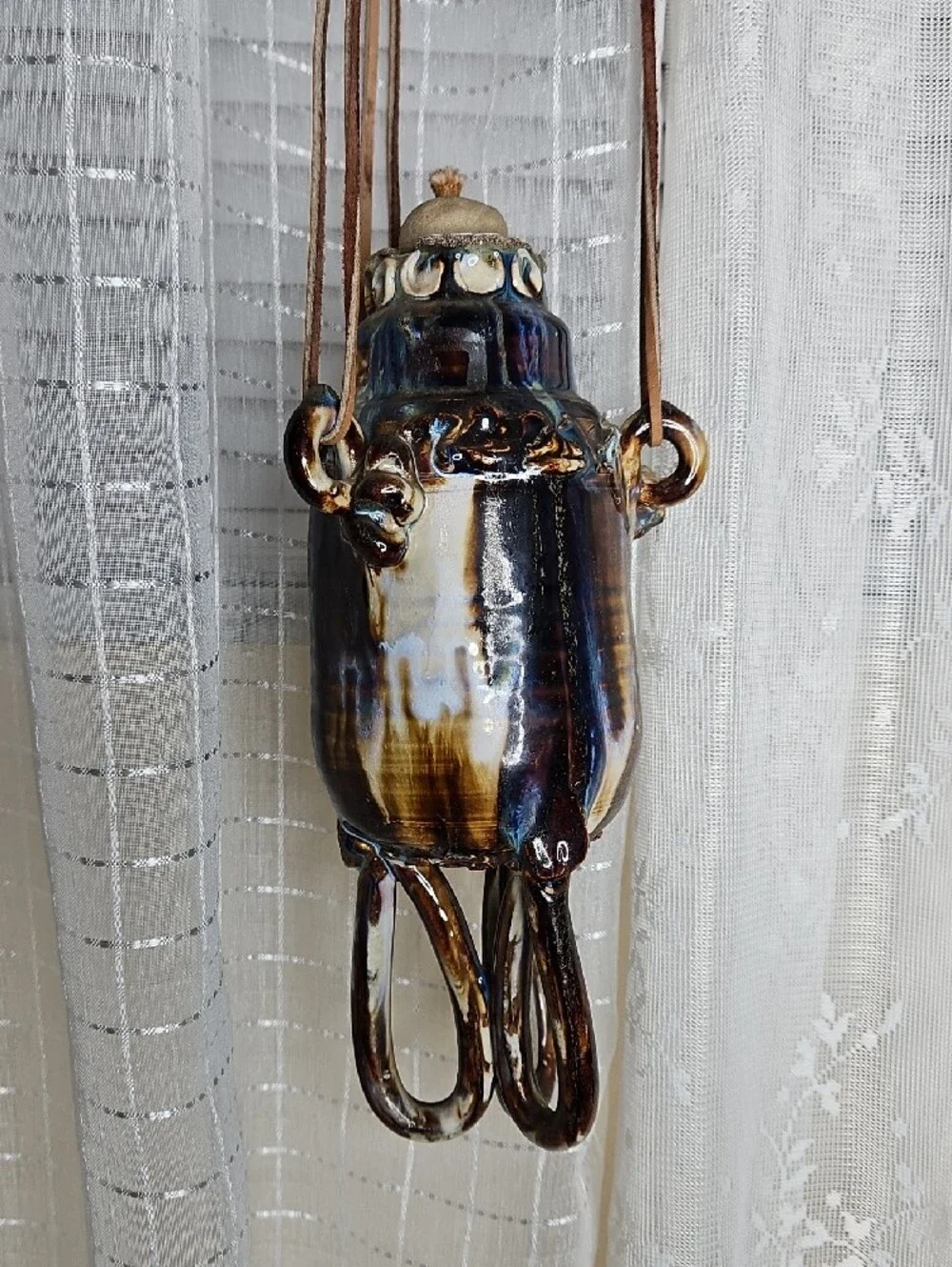 1970s Mid-century Art Pottery Hanging Stoneware Jug Hanging Oil Lamp